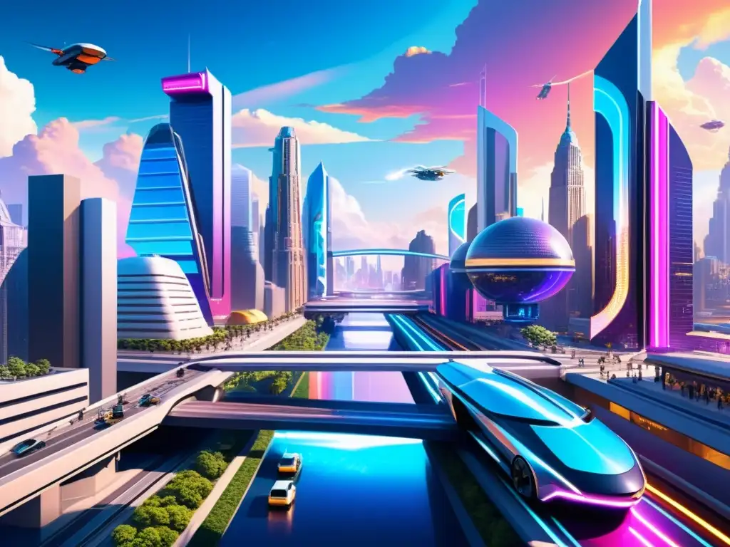 Vibrante ciudad futurista con metaversos: realidades paralelas tecnología emergente