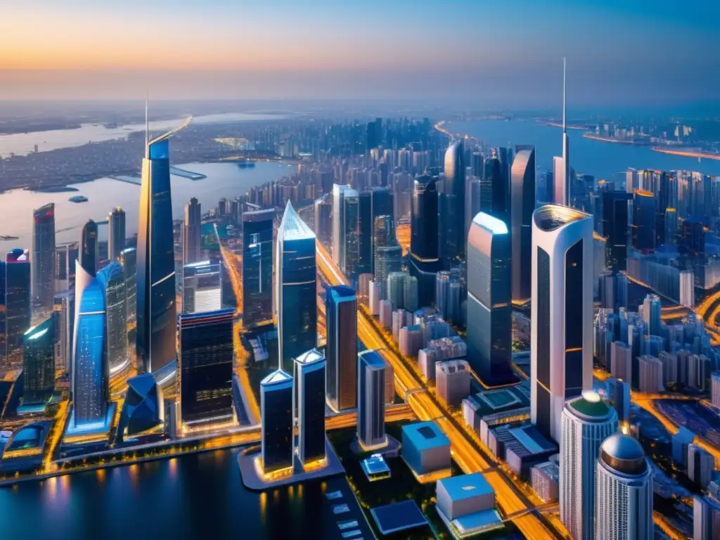 Metrópolis futurista: nanotecnología y sociedad digital Vibrante ciudad futurista con nanotecnología y brecha digital social reflejando innovación, desafíos y diversidad urbana