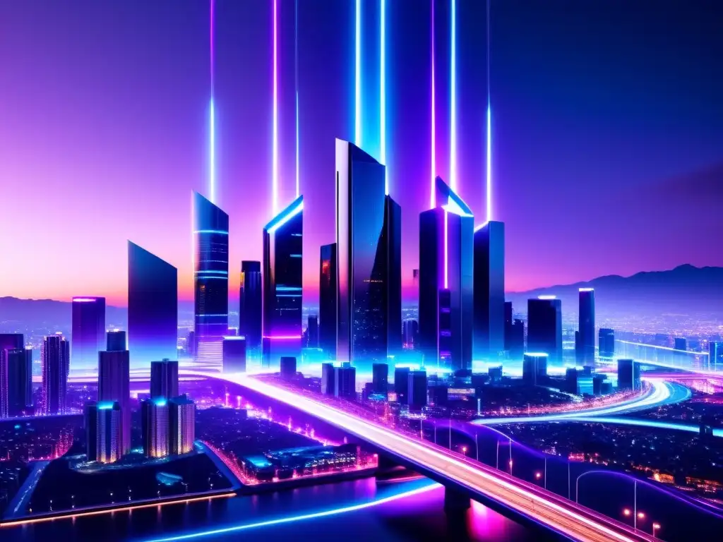 Vibrante ciudad futurista de noche, con torres 5G brillantes y conectadas por haces de luz