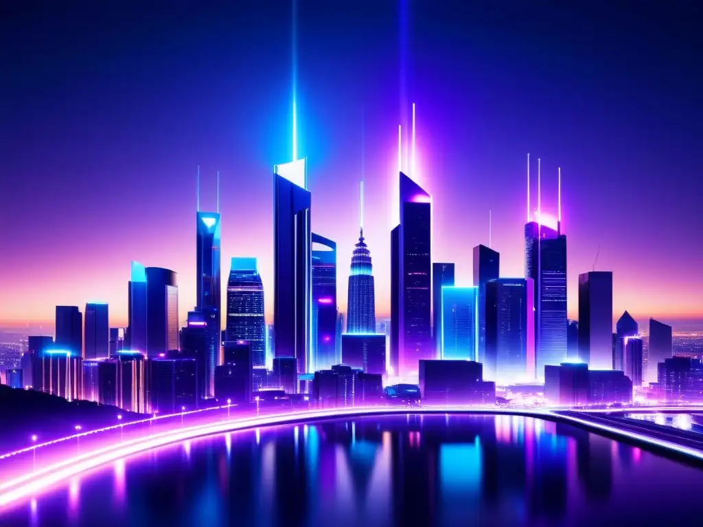 Vibrante ciudad futurista de noche con torres 5G emitiendo luces, mostrando la integración de la tecnología 5G en el entorno urbano