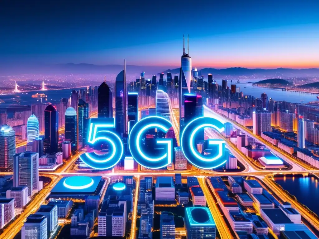 Vibrante ciudad futurista de noche con torres 5G integradas