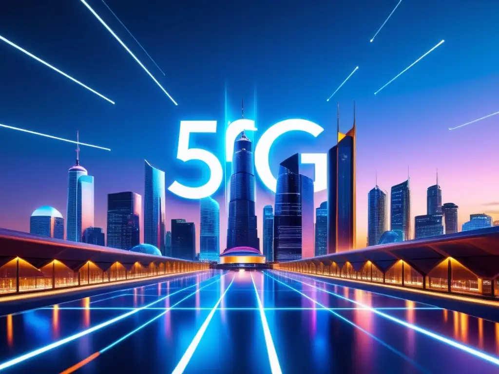 Vibrante ciudad futurista de noche, con señales 5G y pantallas digitales que resaltan el impacto del 5G en legislación digital