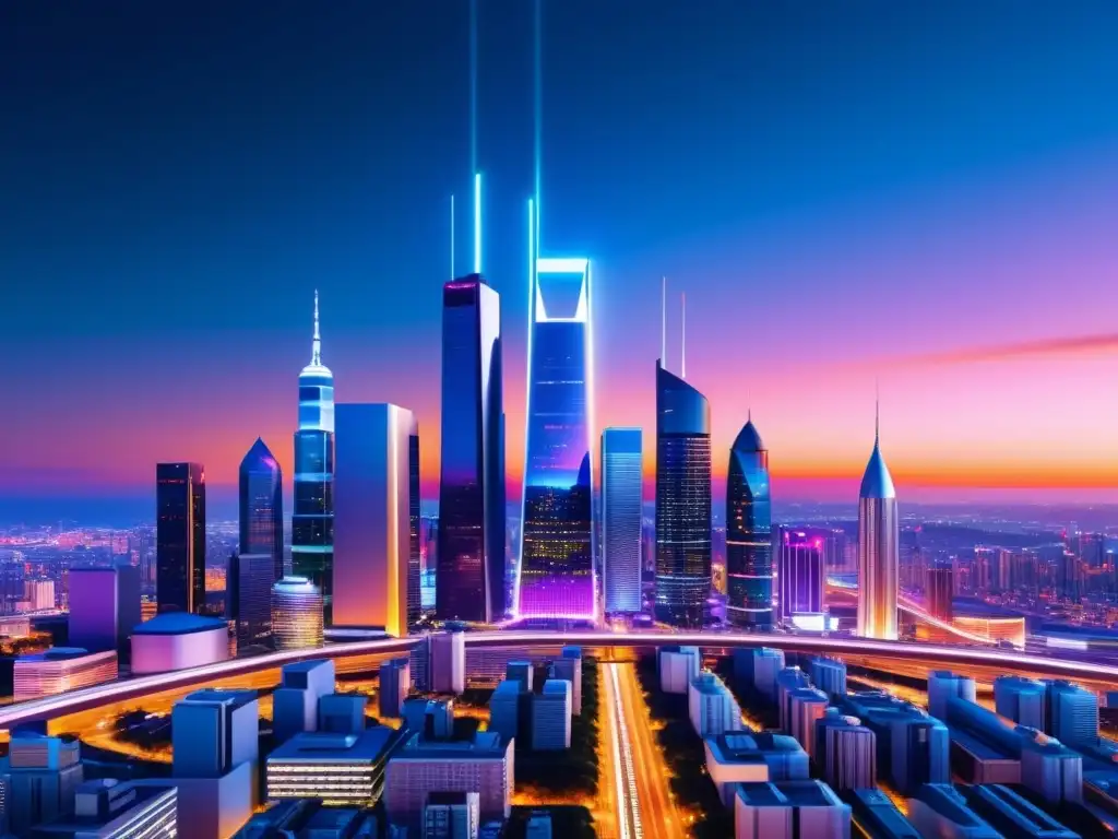 Vibrante ciudad futurista de noche con torres 5G integradas en la arquitectura, simbolizando la neutralidad de la Red en 5G