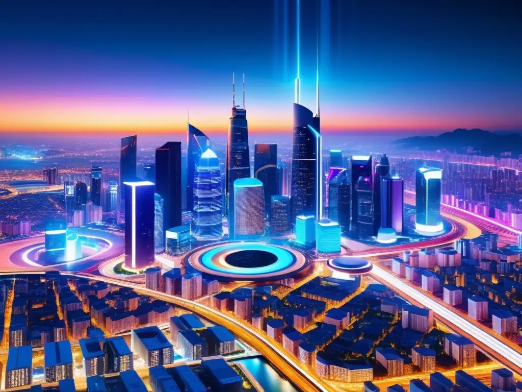 Vibrante ciudad futurista de noche con luces de red 5G, fusionando arquitectura moderna con tecnología