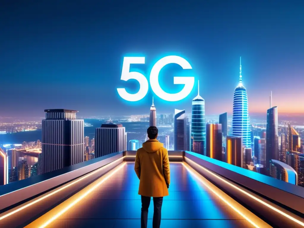 Vibrante ciudad futurista de noche con señales 5G iluminando rascacielos, integrando beneficios del 5G en marketing digital