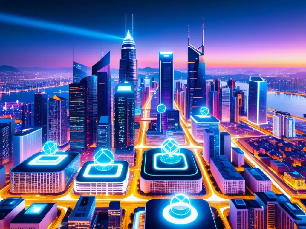 Vibrante ciudad futurista de noche con seguridad revolucionaria gracias a blockchain y IoT