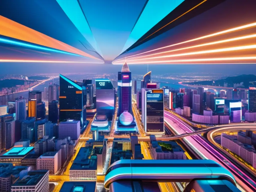 Vibrante ciudad futurista de noche, con rascacielos iluminados y anuncios holográficos