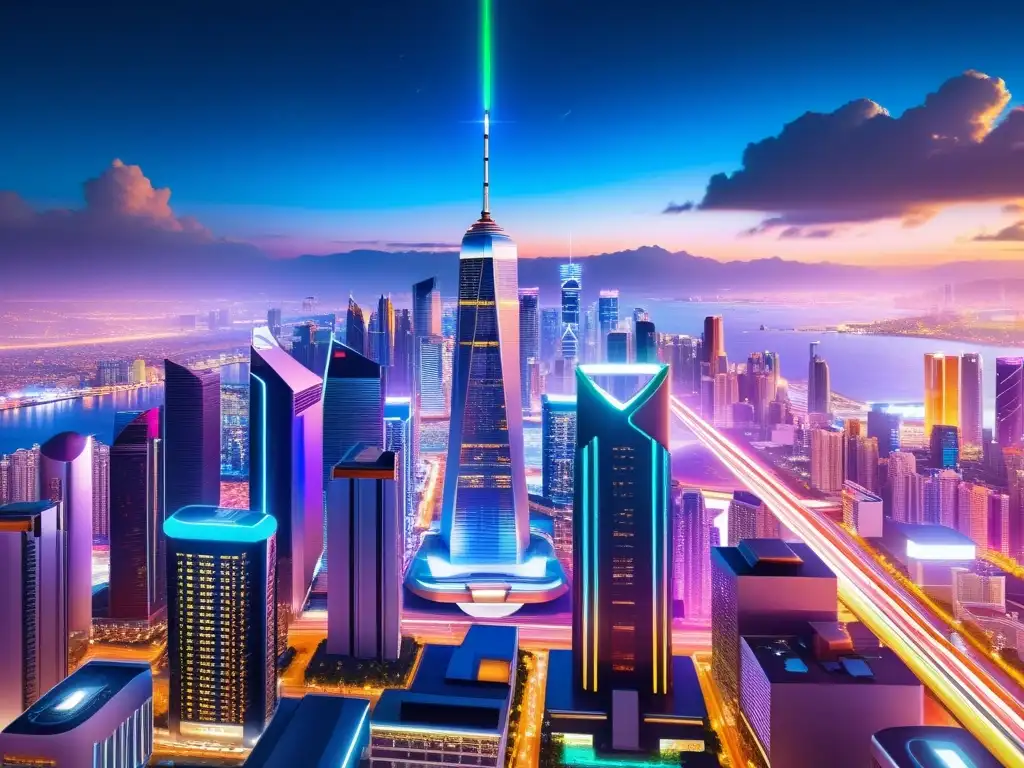 Vibrante ciudad futurista de noche con luces de neón y tecnología avanzada