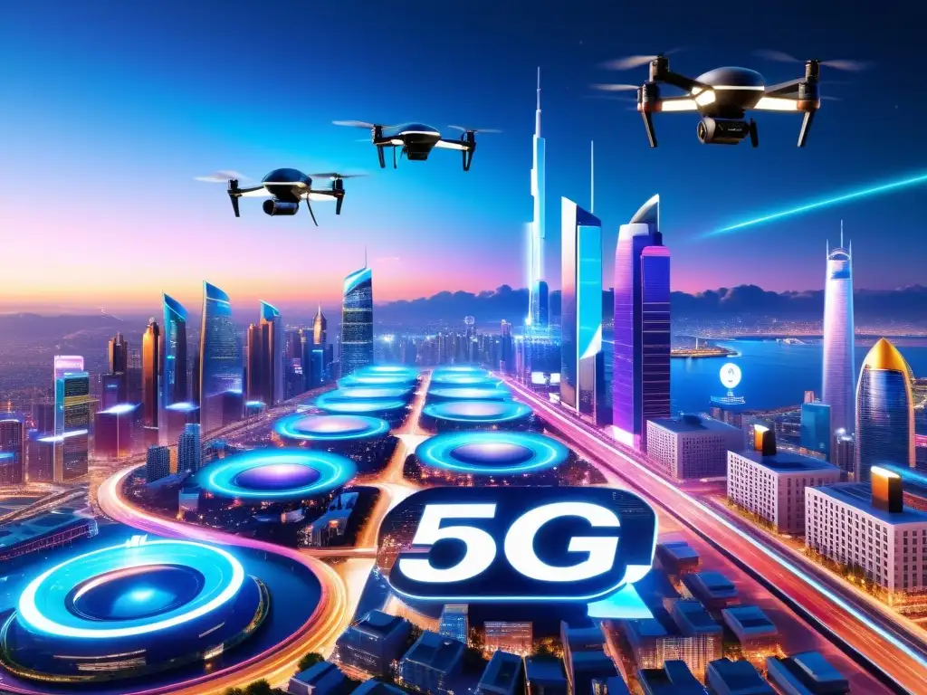 Vibrante ciudad futurista de noche con hologramas 8K y drones autónomos, reflejando el impacto del 5G en entretenimiento