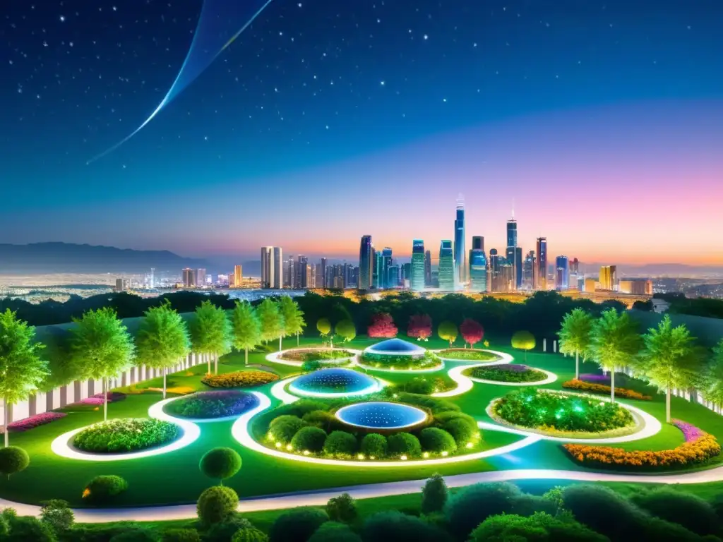 Vibrante ciudad futurista de noche con impacto tecnología 5G cambio climático, edificios inteligentes y jardines urbanos verdes iluminados