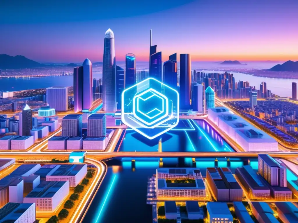 Vibrante ciudad futurista con nodos de IA y blockchain integrados en la arquitectura, creando la convergencia IA Blockchain nuevo horizonte