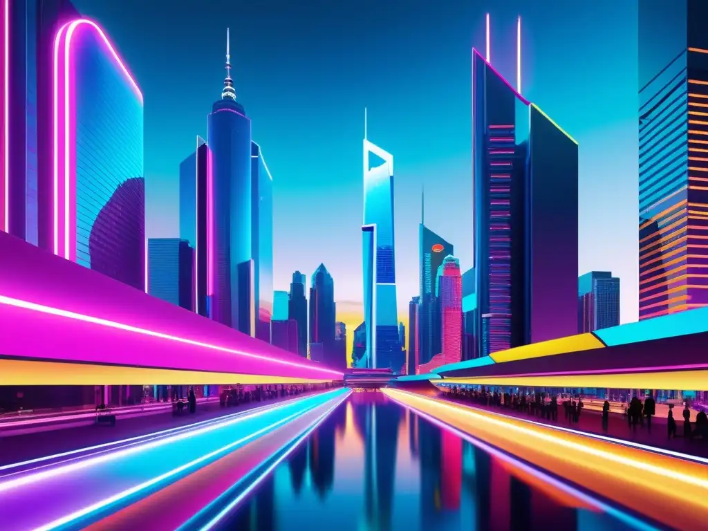 Vibrante ciudad futurista con rascacielos, luces neón, tecnología innovadora y creatividad artística