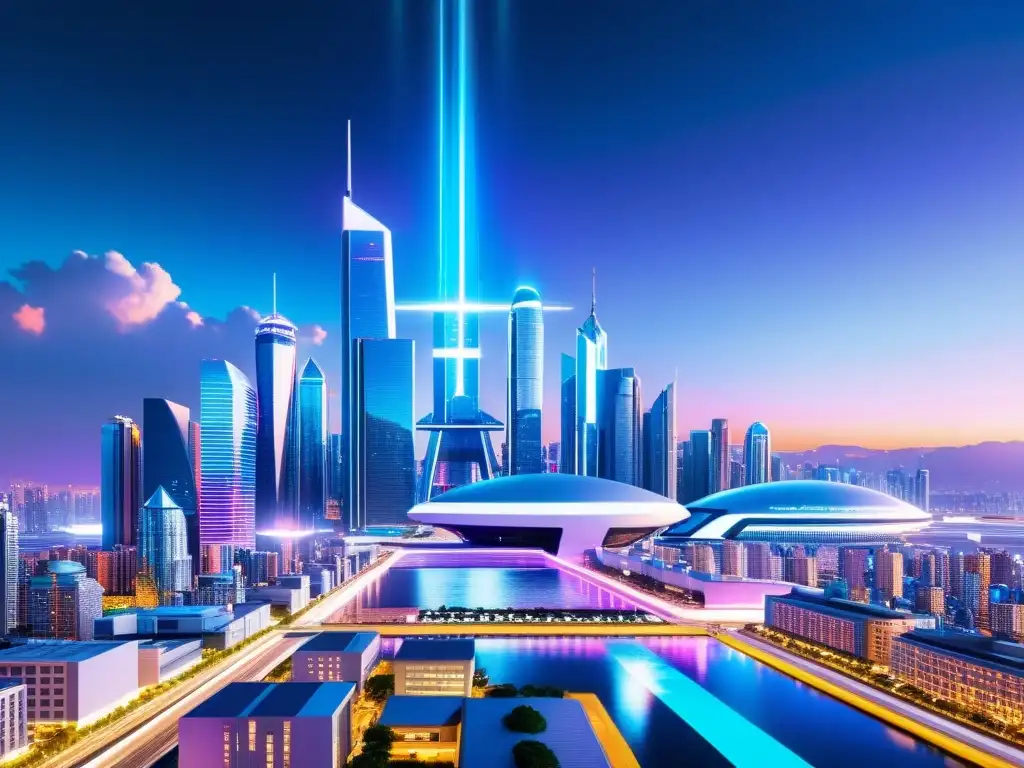 Vibrante ciudad futurista con rascacielos, tecnología avanzada y seguridad descentralizada en tecnología blockchain