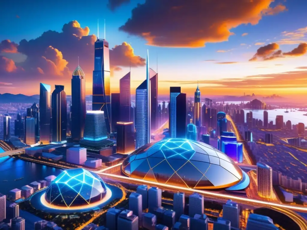 Vibrante ciudad futurista con skyscrapers, blockchain y aplicaciones prácticas del blockchain en startups