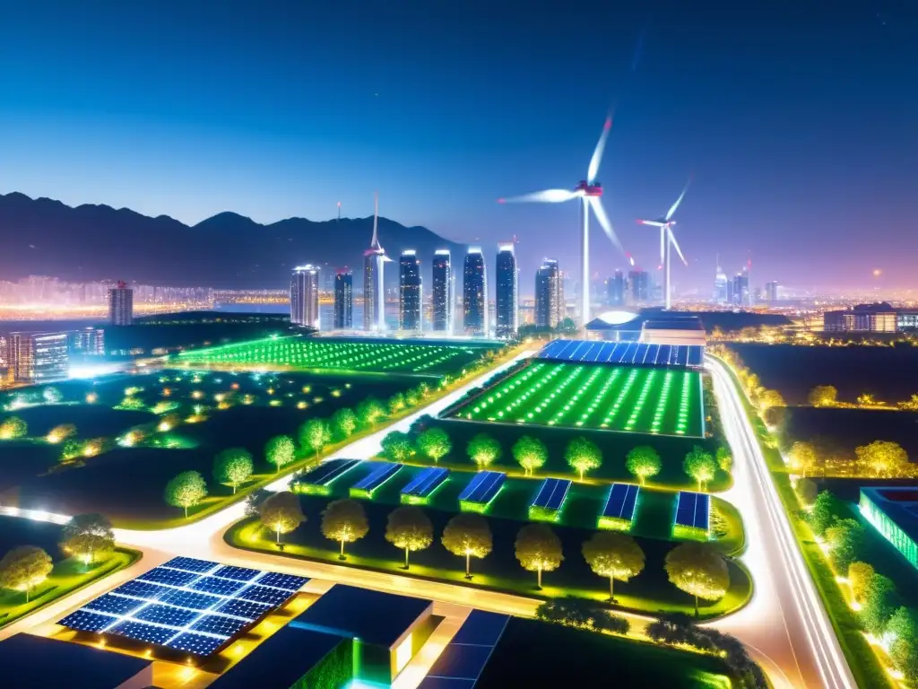 Cityscape futurista: energía sostenible y tecnología Vibrante ciudad futurista y sostenible con iluminación LED dinámica y recursos energéticos renovables integrados