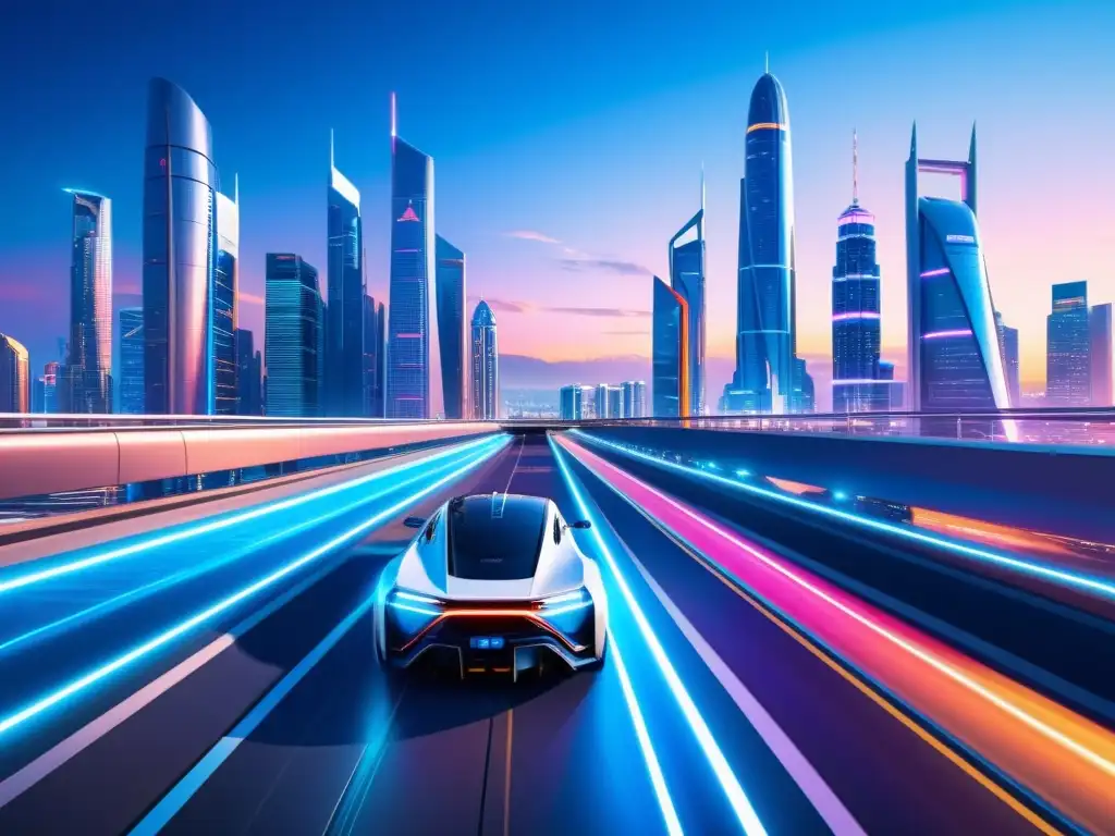 Metrópolis futurista: luces de neón y alta tecnología Vibrante ciudad futurista de tecnologías emergentes 5G, con rascacielos iluminados y bullicio urbano nocturno