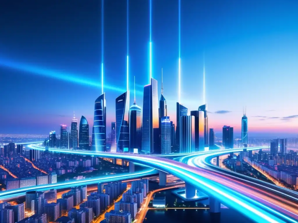 Vibrante ciudad futurista con torres de red 5G integradas en la arquitectura, iluminada por luces de neón