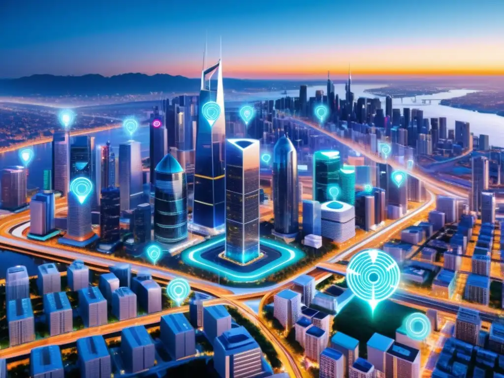 Smart city del futuro: IoT y sostenibilidad urbana Vibrante ciudad inteligente con IoT, mostrando aplicaciones impactantes del IoT en tiempo real y medidas de sostenibilidad ambiental