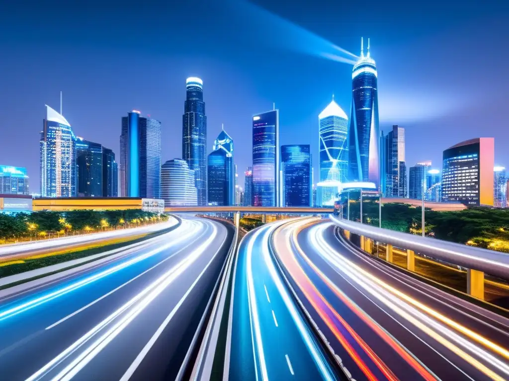 Metrópolis futurista conectada por tecnología 5G Vibrante ciudad nocturna con tecnología 5G, mostrando beneficios de la tecnología 5G en entorno urbano futurista