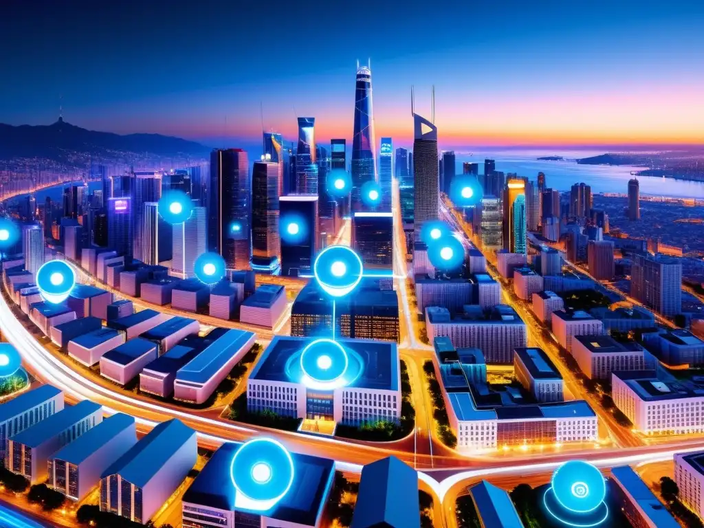 Vibrante ciudad nocturna con dispositivos conectados IoT y 5G iluminando calles y edificios