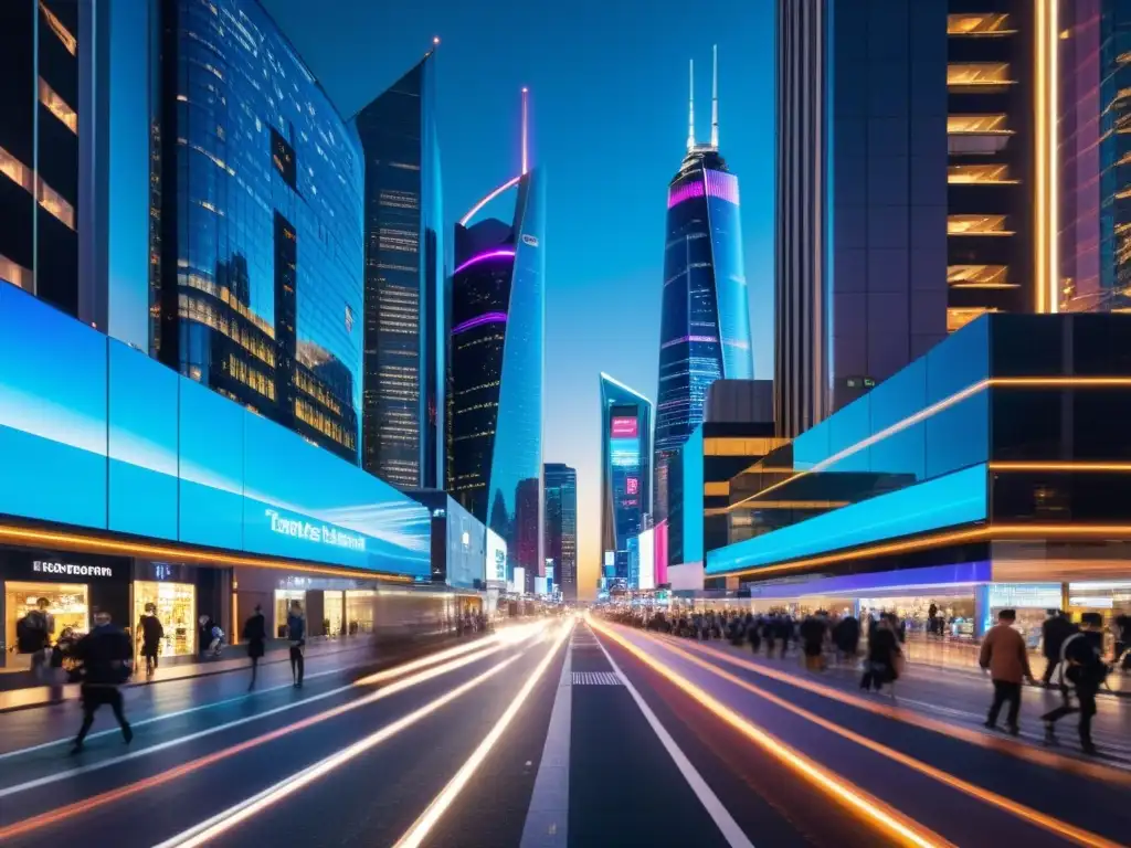 5G: Noche futurista en la metrópoli Vibrante ciudad nocturna con futuristas rascacielos y señales 5G, reflejando los desafíos 5G tecnologías emergentes en un escenario emocionante