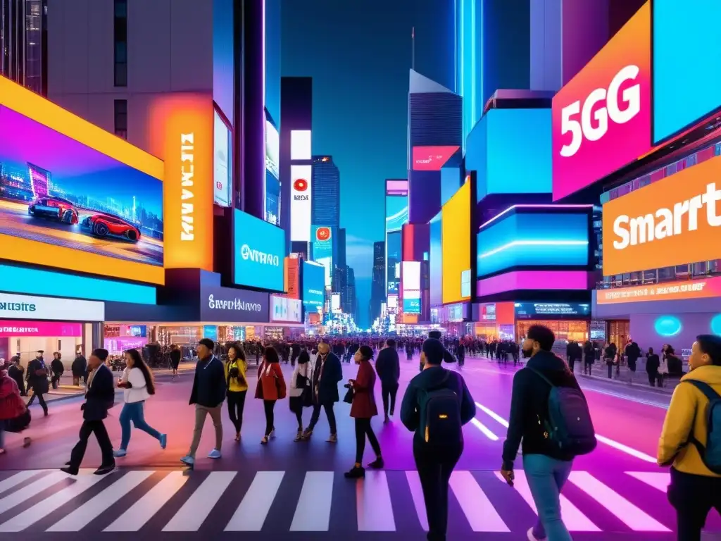 Vibrante ciudad nocturna con tecnología 5G integrada en la vida cotidiana: personas, luces de neón y dispositivos futuristas