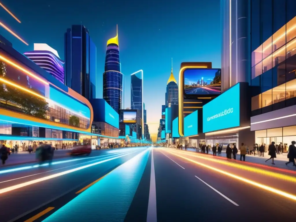 Vibrante ciudad nocturna con tecnología 5G que transforma la vida cotidiana