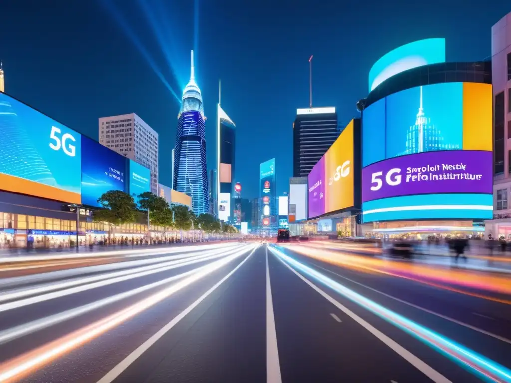 Vibrante ciudad nocturna con señales 5G y bullicio, reflejando los desafíos del 5G en tráfico de datos