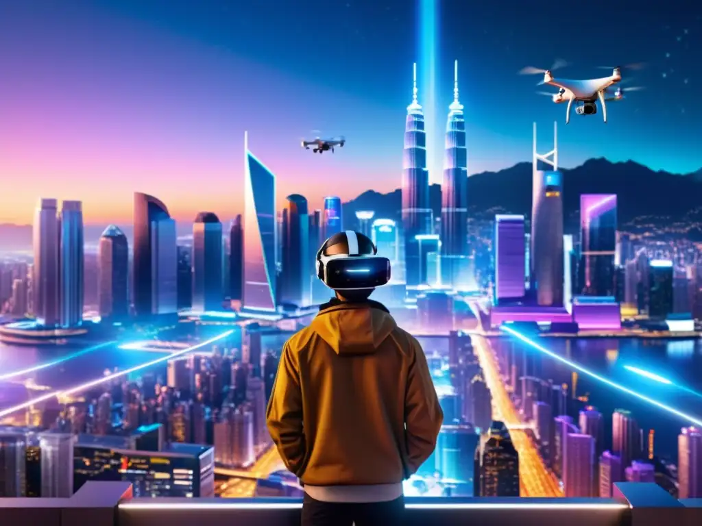 Metrópolis futurista: 5G y realidad virtual transforman la ciudad nocturna Vibrante ciudad nocturna con hologramas 5G y drones VR, mostrando beneficios del 5G para Realidad Virtual