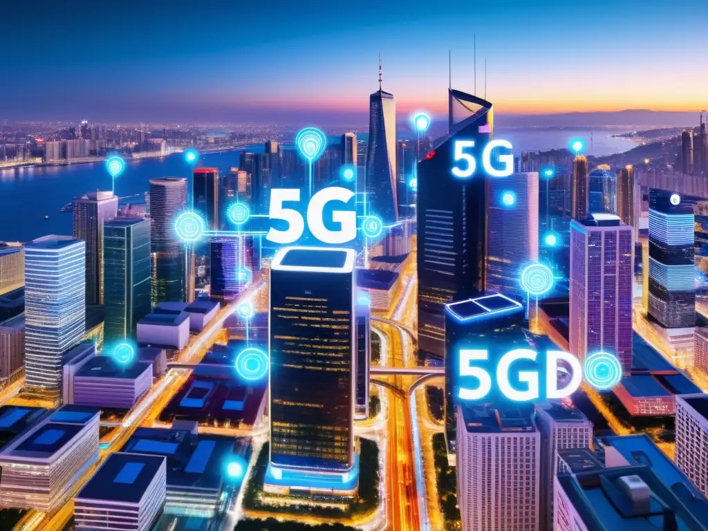 Vibrante ciudad nocturna con impacto del 5G en IoT: brillantes rascacielos y red de dispositivos interconectados iluminan la urbe moderna