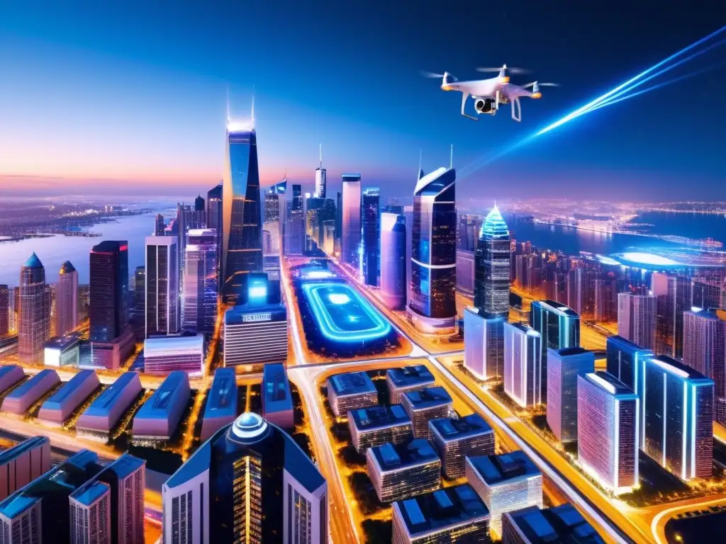 Vibrante ciudad nocturna con impacto del 5G en IoT, vehículos y drones conectados en movimiento, y rascacielos iluminados por pantallas digitales