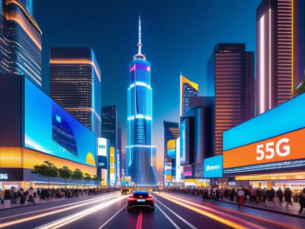 Metrópolis nocturna futurista con tecnología 5G Vibrante ciudad nocturna con impacto de tecnologías emergentes 5G en rascacielos futuristas y letreros digitales