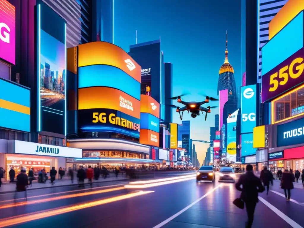 Vibrante ciudad nocturna con luces de neón y drones de entrega 5G, mostrando el impacto del 5G en el comercio electrónico