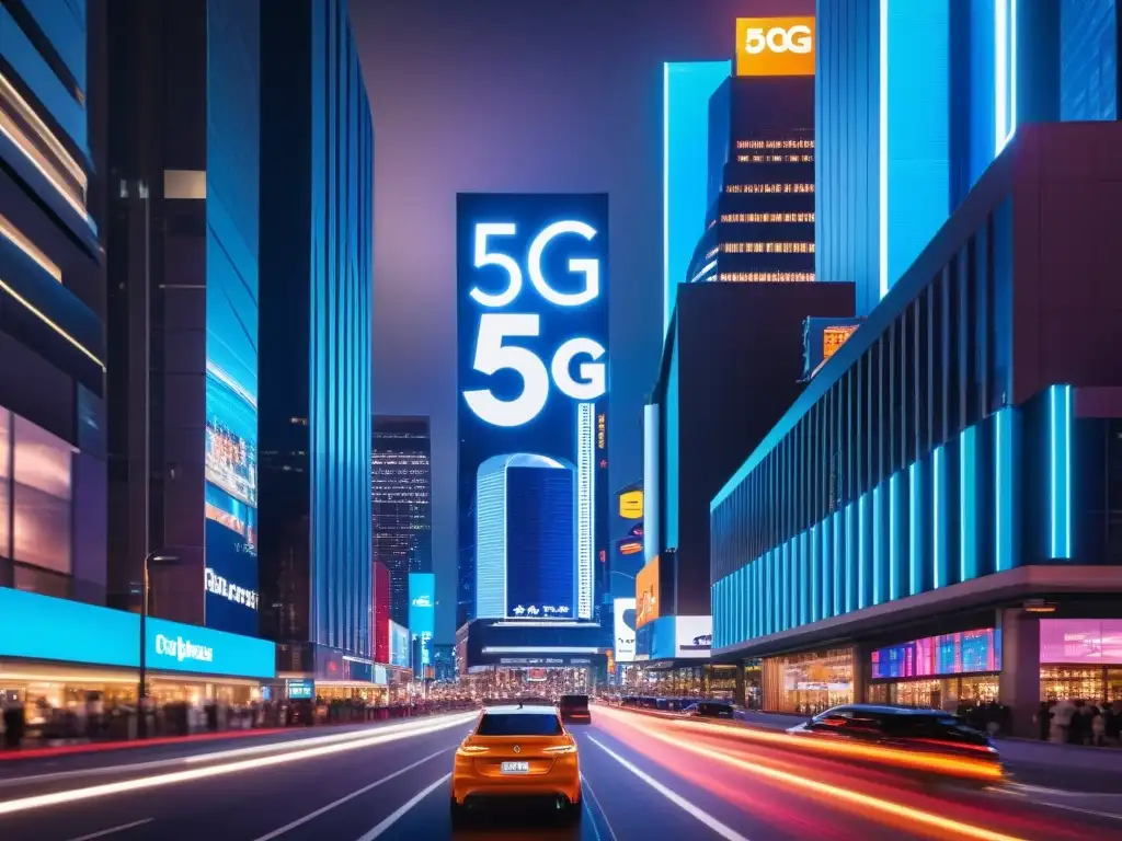 Vibrante ciudad nocturna con luces de neón, rastros de autos y rascacielos reflejando un impactante letrero de 5G