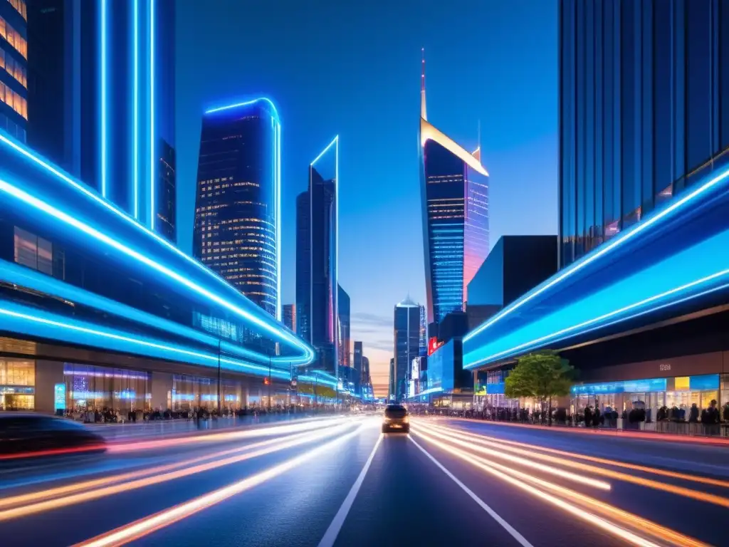 Vibrante ciudad nocturna, con luces de neón y rastros de autos