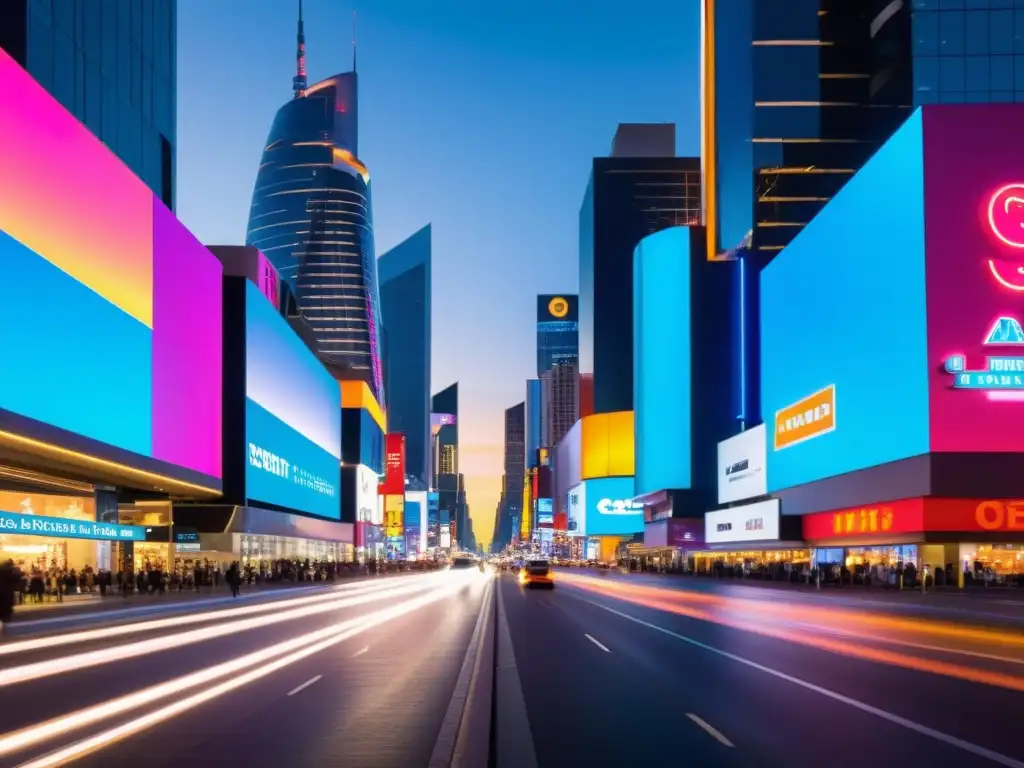 Vibrante ciudad nocturna, con neones y luces de autos, reflejadas en rascacielos futuristas