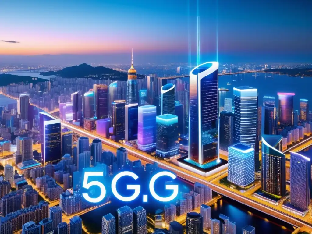 Vibrante ciudad nocturna con rascacielos futuristas iluminados por redes 5G, simbolizando el impacto tecnológico y la brecha digital