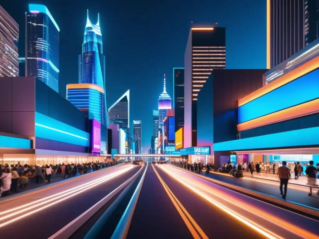 Vibrante ciudad nocturna con rascacielos iluminados y vehículos autónomos, reflejando los desafíos tecnológicos en Smart Cities