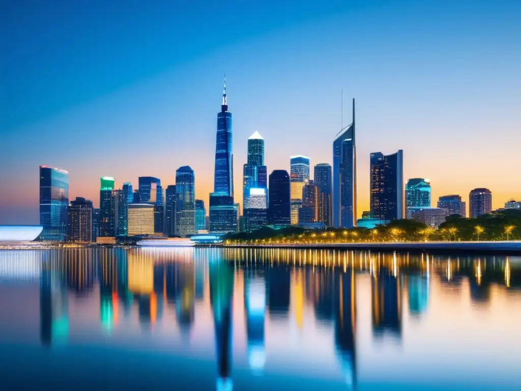 Vibrante ciudad nocturna reflejada en el agua, simbolizando el impacto del big data en marketing con sus deslumbrantes luces y arquitectura moderna