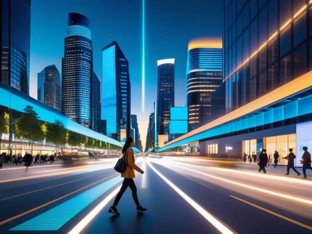 Calles urbanas futuristas iluminadas por 5G y vehículos autónomos Vibrante ciudad nocturna con tecnología 5G, vehículos autónomos y futuristas aplicaciones de realidad aumentada