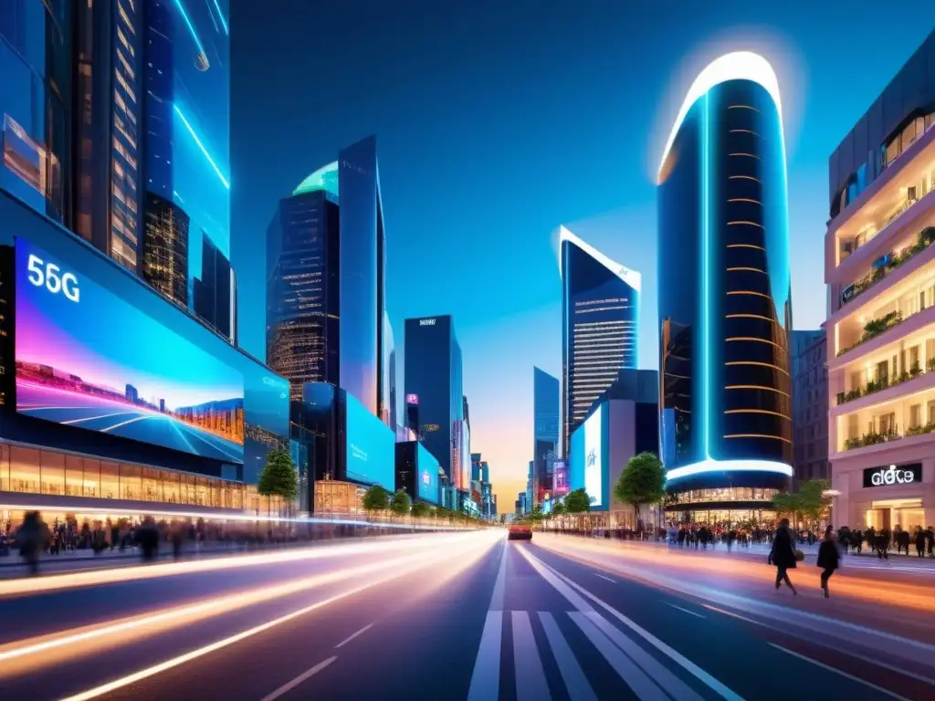 Vibrante ciudad nocturna con tecnología 5G: luces, hologramas, personas usando dispositivos 5G