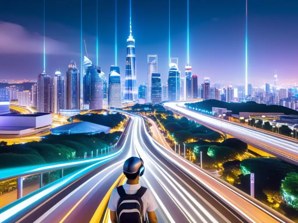 Vibrante ciudad nocturna con tecnología 5G impactando la sociedad: rascacielos futuristas, autos autónomos y tecnológico trabajo de un técnico