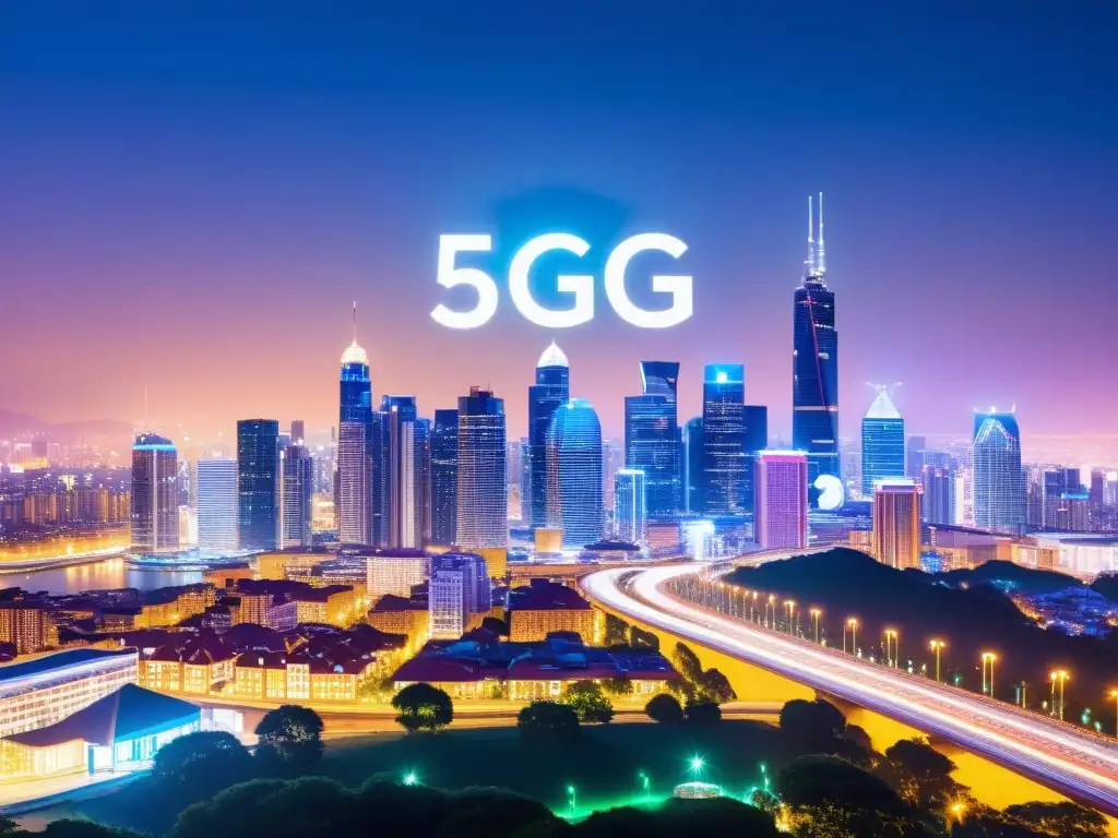 Vibrante ciudad nocturna con torres y señales 5G iluminando el paisaje urbano, simbolizando la innovación y las aplicaciones sorprendentes del 5G