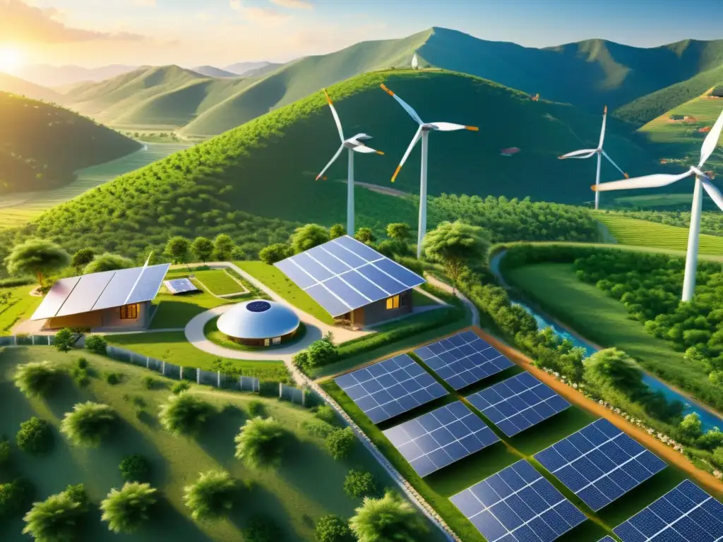 Aldea sostenible: energía limpia en armonía con la naturaleza Vibrante comunidad rural disfrutando de los beneficios de las microredes para comunidades con energía limpia y sostenible al atardecer