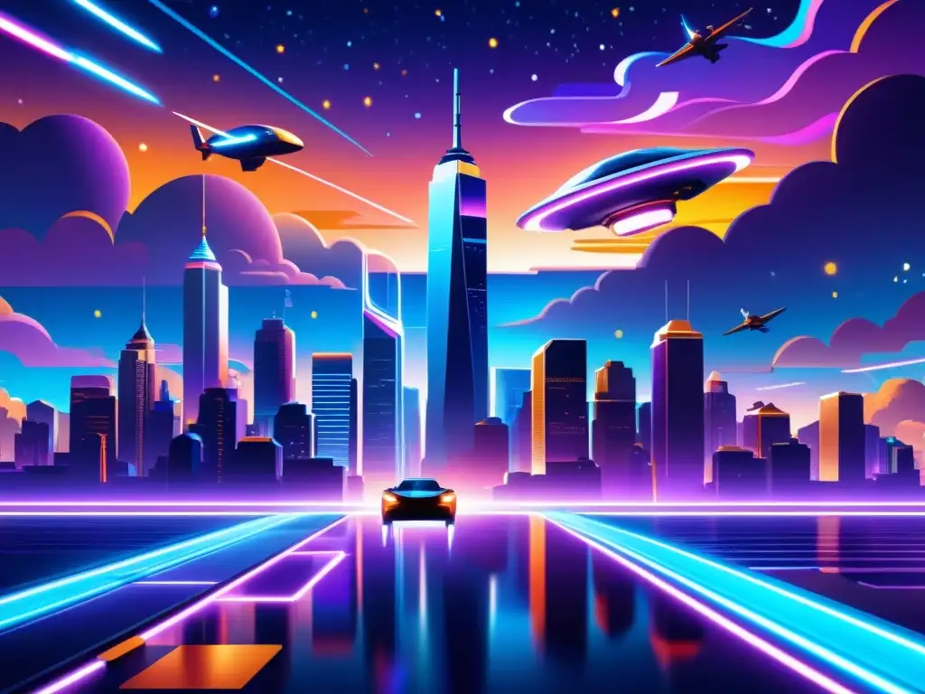 Vibrante ilustración digital en 8k de una ciudad futurista con luces de neón, rascacielos y vehículos voladores