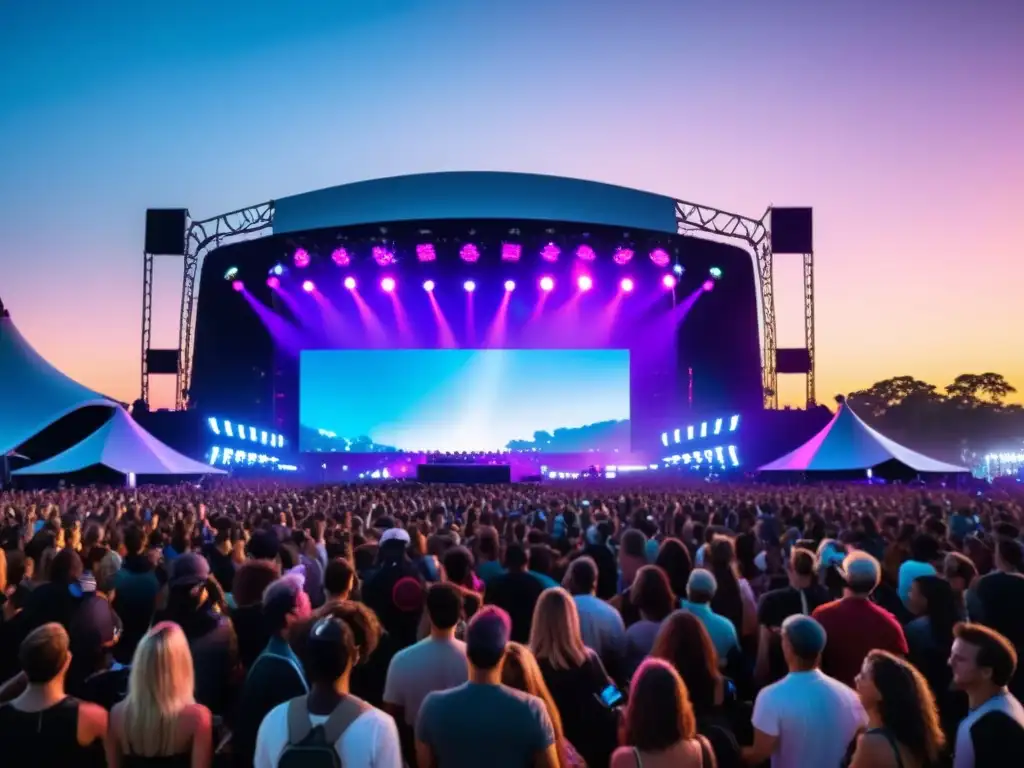 Vibrante festival de música al aire libre con luces de escenario, multitud animada y conectividad 5G