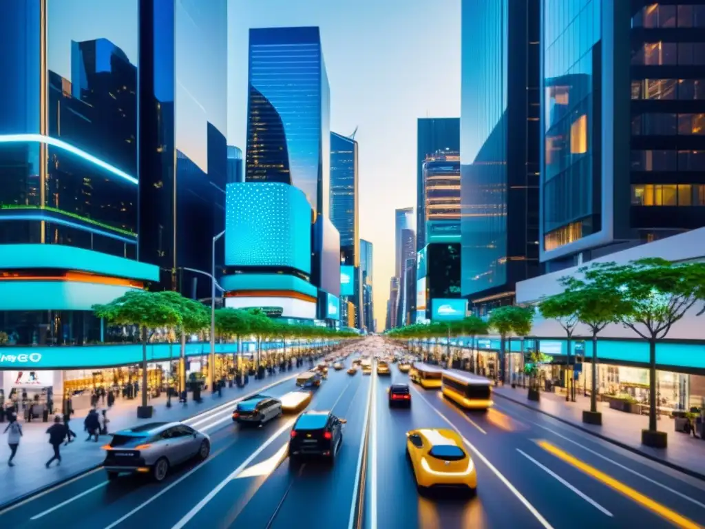 Smart City: Redes de dispositivos conectados Vibrante y futurista ciudad inteligente con dispositivos conectados, destacando la protección de datos personales Smart City