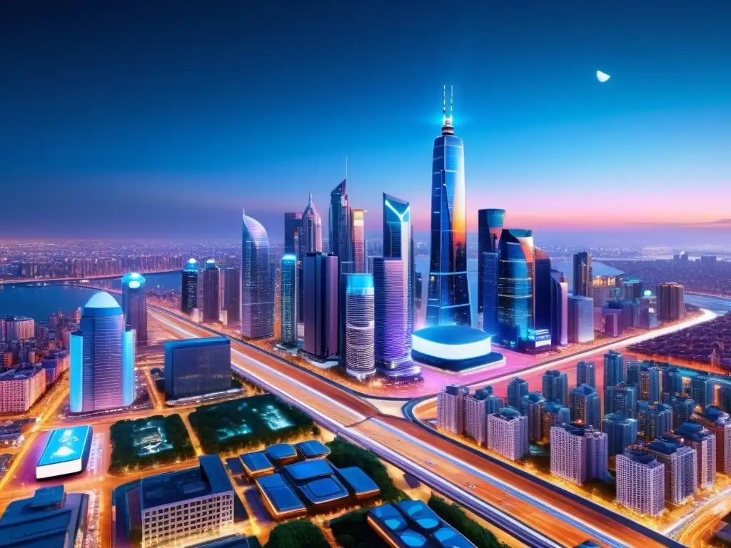Metrópolis futurista: 5G transforma la vida urbana Vibrante impacto de tecnologías emergentes 5G en la vida urbana nocturna: rascacielos futuristas iluminados, vehículos autónomos y realidad aumentada