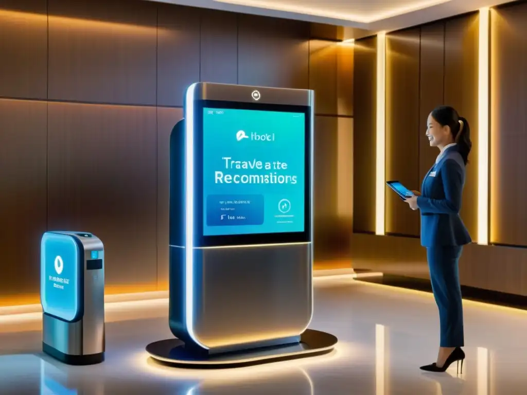 Vibrante lobby de hotel futurista con kiosco IoT y asistente holográfico