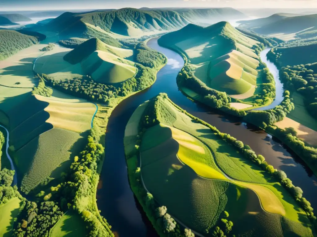 Vibrante paisaje natural con ríos, bosques y colinas